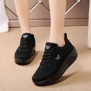 RUIDENG-2217 รองเท้าผ้าใบผู้หญิงเพื่อสุขภาพ พื้นหนา งานถัก เบามาก ระบายอากาศได้ดี ใส่ออกกำลังกาย ยืนนานสบาย(สีดำล้วน)