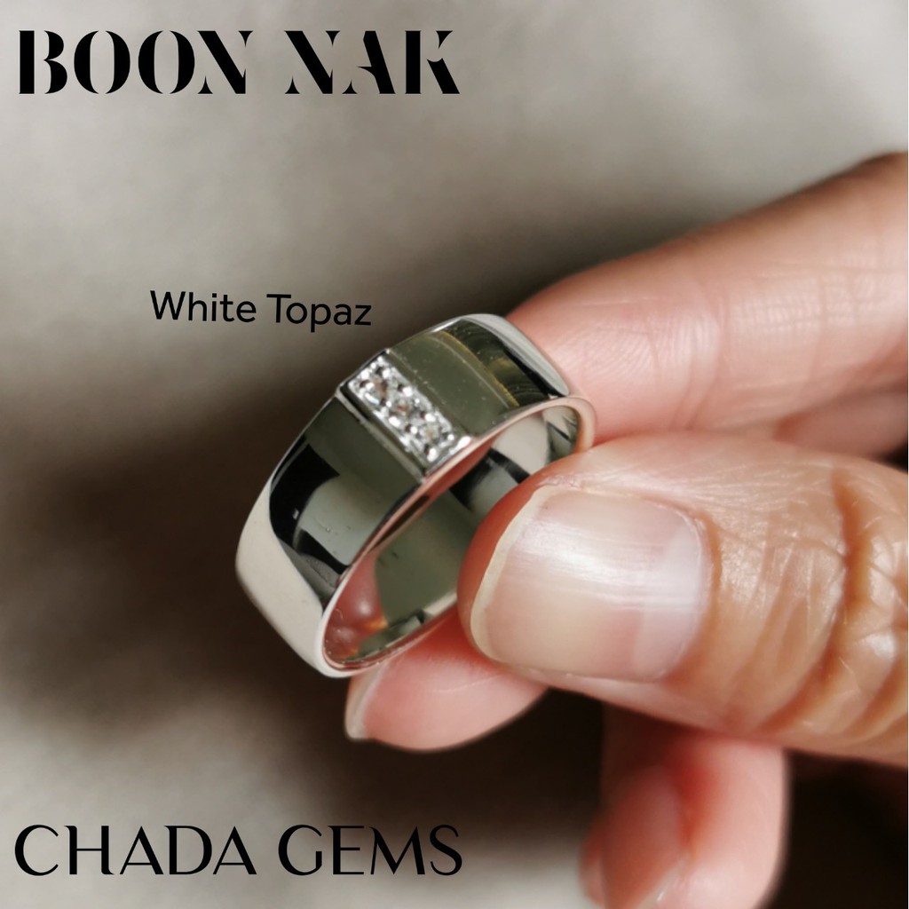 แหวนพลอยแท้-แหวนผู้ชาย-white-topaz-ตัวเรือนสีขาว-white-boon-nak-collection-gemstone-ring