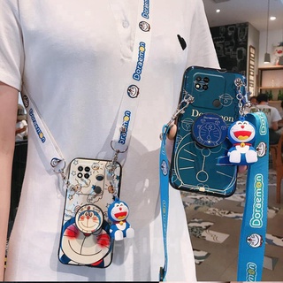 เคสโทรศัพท์ Xiaomi Redmi 10A 10C 10 9C 9A เคสโทรศัพท์มือถือนิ่ม ลายการ์ตูนโดราเอมอนน่ารักพร้อมสายคล้องคอและตุ๊กตาและขาตั้งสําหรับเคส Redmi10A Redmi10C