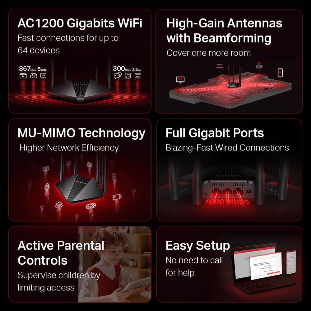 ข้อมูลเพิ่มเติมของ Mercusys MR30G และ AC12G เราเตอร์ไวไฟ AC1200 (ไม่รองรับการใส่ซิม) สนุกกับเกมส์ออนไลน์หรือวิดีโอสตรีมมิ่ง Wireless Dual Band Gigabit Router