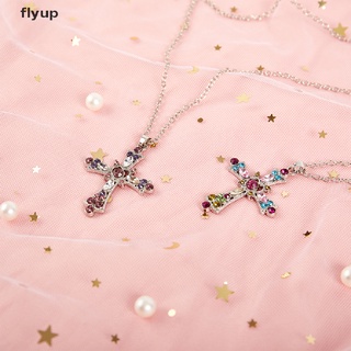 Flyup ใหม่ สร้อยคอ จี้ไม้กางเขน ประดับเพทาย สีชมพู สไตล์โกธิค