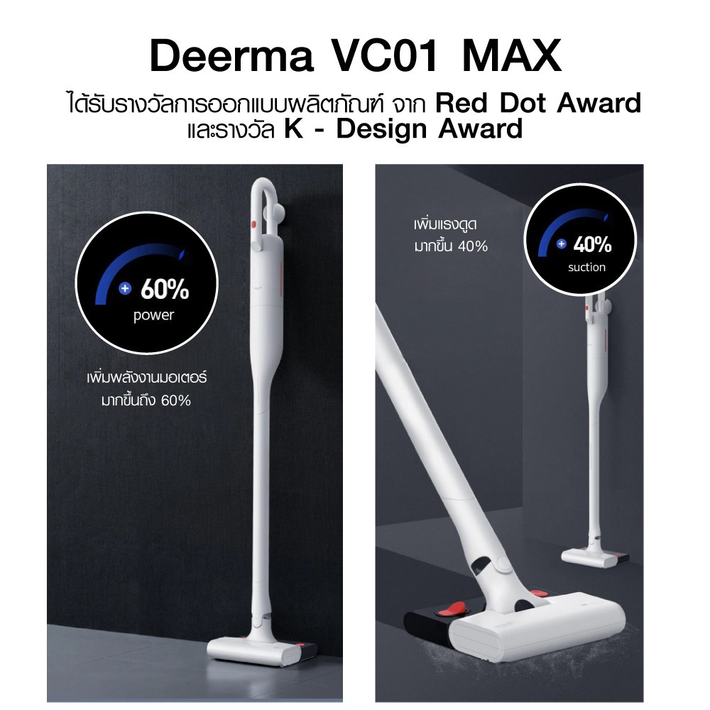 เกี่ยวกับสินค้า Deerma VC01 MAX เครื่องดูดฝุ่นไร้สาย 2in1 ดูดฝุ่น-ถูพื้น แรงดูด12kPa ไส้กรอง HEPA -1Y