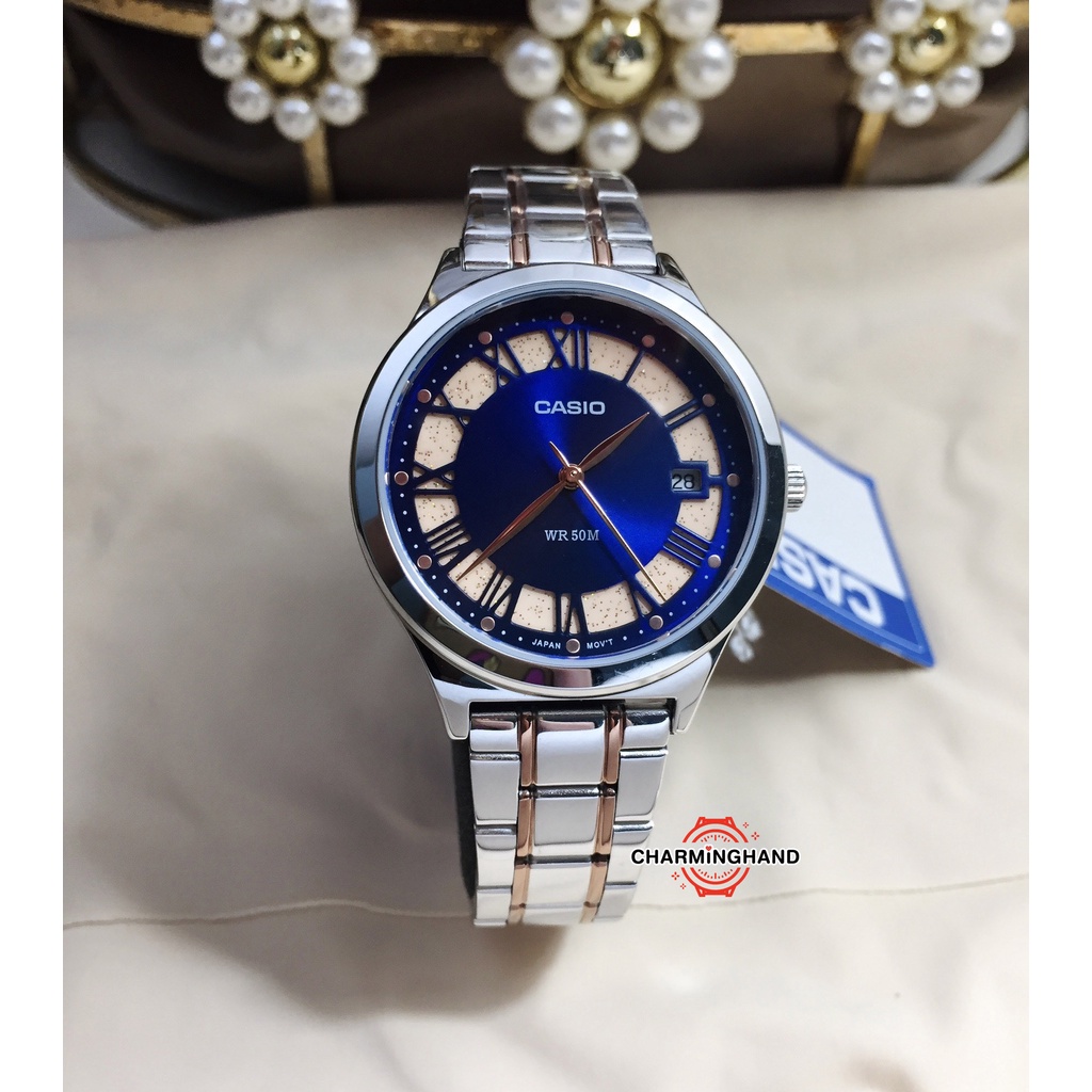 นาฬิกาข้อมือผู้หญิงแท้-casio-คาสิโอลดราคา-นาฬิกาสายสแตนเลสสีทูโทน-ltp-e141rg-2a-ย้ำขายเฉพาะของแท้-มีใบรับประกัน