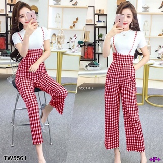 TW5561 Set 2ชิ้น เอี๊ยมสายเดี่ยวลายสก๊อต+เสื้อยืด เอี๊ยวสายเดี่ยว ขายาว ผ้าทอลายสก๊อต มีกระเป๋าลว้งด้านข้างและมีซ