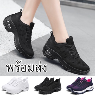 （35-42） รองเท้าผ้าใบ สีดำ ผู้หญิง สไตล์เกาหลี รองเท้าส้นตึกและส้นเตารีด