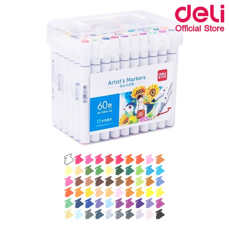 ภาพหน้าปกสินค้าDeli 70804-60 Felt Pen Marker 60 Colors ชุดปากกามาร์กเกอร์ 2 หัว 60 สี มาร์กเกอร์ ปากกาสี สีวาดรูป อุปกรณ์วาดรูป ปากกา