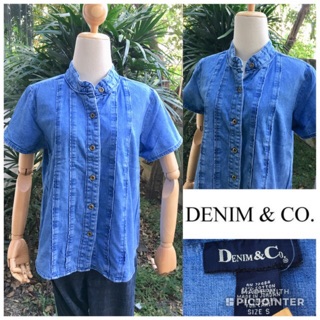 2sis1bro แบรนด์แท้ Denim &amp; Co. เสื้อเชิ้ต เสื้อยีนส์ ทรงตรง คอปิด มือสอง พร้อมส่ง sz S