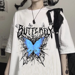 Harajuku เสื้อยืดที่สวยงาม Gothic ผีเสื้อ Punk การ์ตูนแขนสั้น O-Neck Top ผู้หญิงฤดูร้อนโดยตรงหลวม Oversize Streetwear