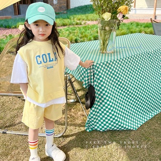 💖Kissbaby💖หญิงชุดลำลองเสื้อผ้าฤดูร้อน 2022 ใหม่สไตล์ต่างประเทศเด็กเสื้อผ้าเด็กแขนสั้นสีความคมชัดเสื้อยืดกางเกงขาสั้นชุ