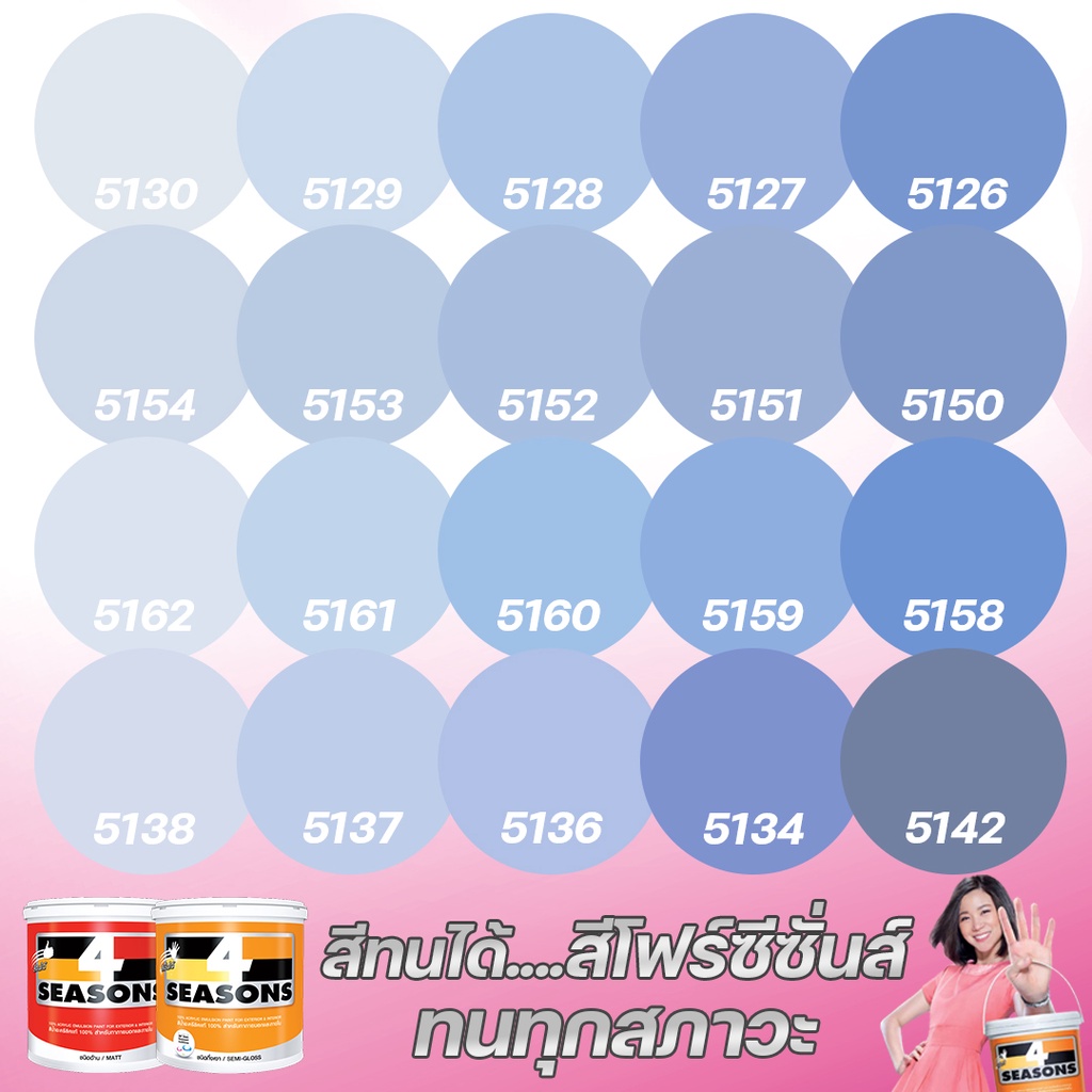 TOA สี 4 SEASONS สีภายนอก+ภายใน กึ่งเงา/ด้าน สีฟ้าคราม (ขนาด 3L) เฉดสี