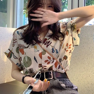 เสื้อเชิ้ตแขนสั้น ทรงหลวม ลายดอกไม้ สไตล์ฮ่องกง สําหรับผู้หญิง