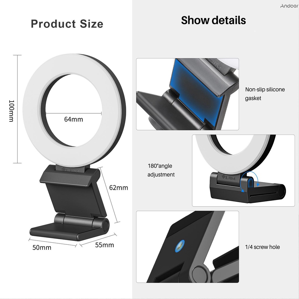 vijim-cl07-ไฟวงแหวน-led-4-นิ้ว-หรี่แสงได้-3-โหมด-3000k-8000k-ชาร์จ-usb-สําหรับไลฟ์สตรีม-ประชุมออนไลน์