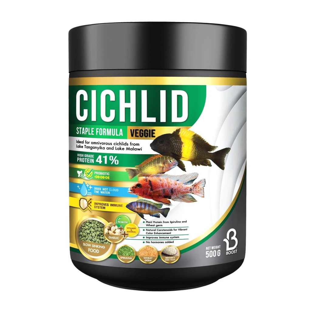 boost-cichlid-อาหารปลาหมอสี-ทุกสายพันธุ์-5-สูตร-อาหารปลา-เร่งโต-เร่งสี-มีให้เลือกสูตร-350-500กรัม