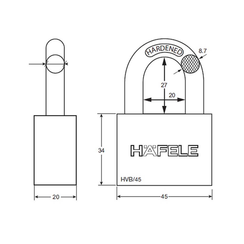 hafele-กุญแจบ้าน-คล้องสายยู-รุ่นหางสั้น-size45mm-ตัวเรือนกุญแจผลิตจากทองเหลืองแท้-ระบบล๊อคแบบลูกปืน-พร้อม-กุญแจ-3ดอก