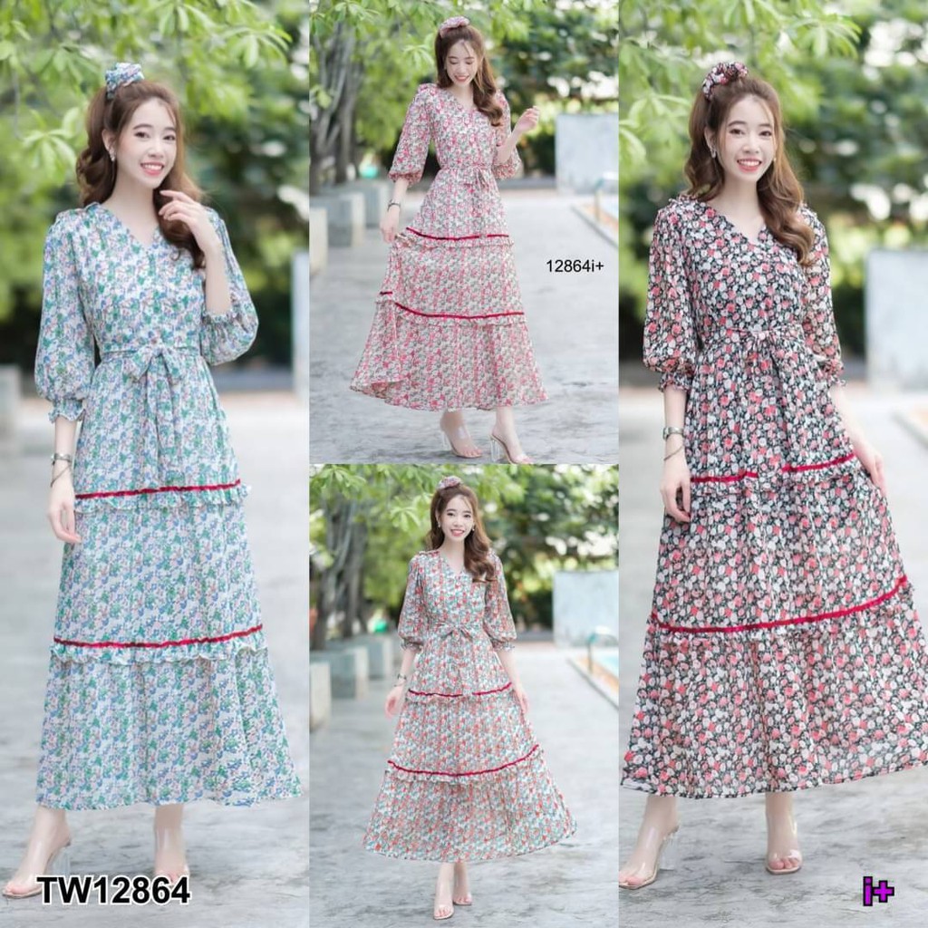 maxi-dress-เดรสยาว-คอวีแขนตุ๊กตา-สอบถามก่อนสั่งซื้อ-12864