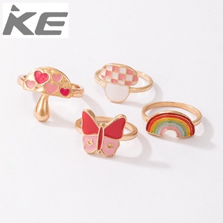 Ring Cute and sweet mushroom rainbow love pink butterfly drop four-piece ring for girls for wo