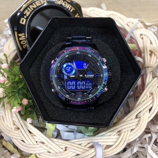 D-ZINERนาฬิกาข้อมือชาย Quartz Hybrid Digital analogทรงกลม40มม.เรือนและสายสแตนเลส กันน้ำWater resistance3ATM ฟังชั่นครบ