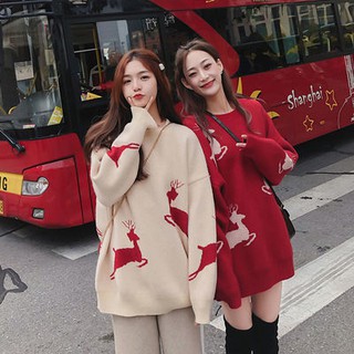 🎅🏻 ชุดคริสมาส🍁  คริสมาสต์เสื้อกันหนาวผู้หญิงฤดูใบไม้ร่วงและฤดูหนาวใหม่สไตล์เกาหลีทรงหลวมมีสองสี