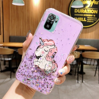 เคสโทรศัพท์ Xiaomi Redmi Note 10 Phone Case Cute Cartoon Unicorn Glitter Bling Transparent Case Softcase Full Stars With Water Stand Holder Casing เคส Redmi Note10 Pro Back Cover