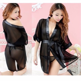 😘👙เซ็ทเสื้อคลุมชุดนอนผ้าซีทรูใส่สบาย>>Black💕