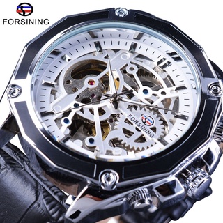 Forsining Black Genuine BeltFashion Transparent Sport Military Automatic Wrist Watch Top Brand Luxury Skeleton Men Clock