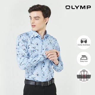 สินค้า OLYMP เสื้อเชิ้ตผู้ชาย แขนยาว ทรงพอดีตัว รีดง่าย ลายพิมพ์สีน้ำเงินอ่อน [LEVEL FIVE]