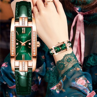 นาฬิกาข้อมือควอตซ์แฟชั่น สายหนัง หน้าปัดสี่เหลี่ยมผืนผ้า ประดับพลอยเทียม สีเขียว หรูหรา สําหรับสตรี
