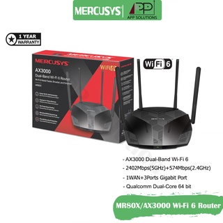 Mercusys Router Gigabit WiFi6 AX3000 Wireless Dual Band รุ่นMR80X(รับประกัน1ปี)