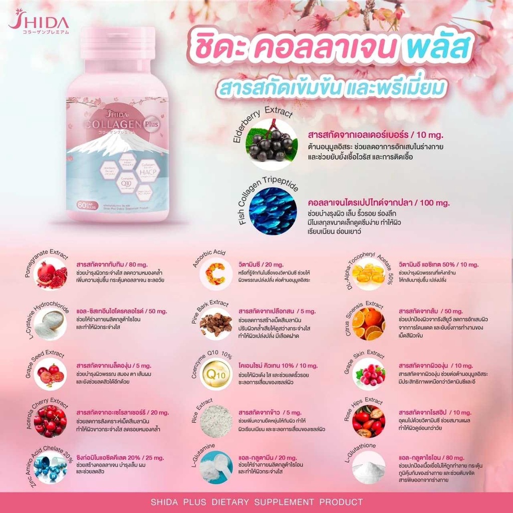 ชิดะคอลลาเจน-พลัส-shida-collagen-plus-คอลลาเจนนำเข้าจากญี่ปุ่น-ผิวขาวใส-ออร่า-ริ้วรอยลดลง-บรรจุ-60-แคปซูล