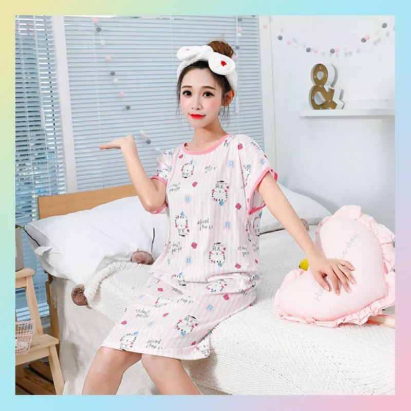 ชุดนอนกระโปรงสไตล์เกาหลี ลายการ์ตูน ชุดใส่อยู่บ้าน | Shopee Thailand