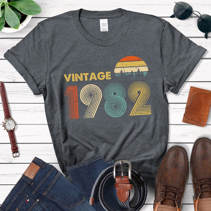 เสื้อยืดชาย-วินเทจ1982tshirtไอเดียของขวัญวันเกิดครบรอบ40ปีสําหรับคุณปู่อายุ40ปีคุณยายแม่ยายผู้ชาย