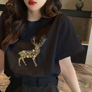 CX เกาหลีเสื้อยืดขนาดบวกคอกลมการ์ตูนคริสมาสต์รูปแบบการพิมพ์เสื้อยืดเสื้อยืดขนาดใหญ่สําหรับผู้ชา n[h