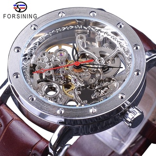 Forsining Silver Case Skeleton Waches Male Brown Genuine Leather Band Water resistant Automatic Watches for Men Top Bran