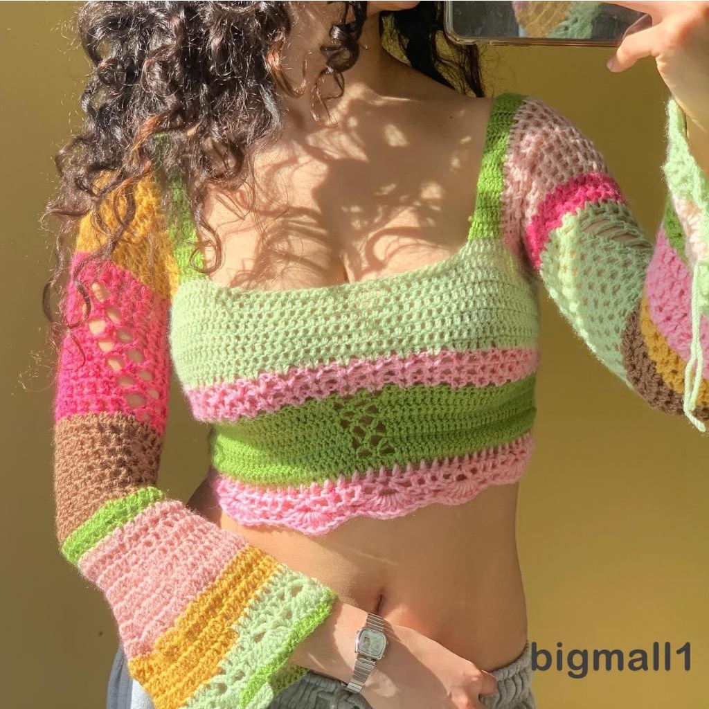 bigmall-women-crochet-hollow-out-patchwork-t-shirts-y2k-aesthetic-vintage-skinny-knitted-retro-backless-tie-up-crop-tops