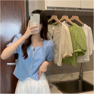 🔥Hot Sale/🌻💞Bubble Short Sleeve Zipper Top 2022 New Short Shirt Loose Design Sweet Niche เสื้อเชิ้ตผู้หญิง