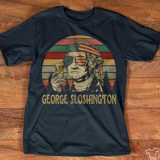 เสื้อยืดพิมพ์ลายแฟชั่น Summwe เสื้อยืดแขนสั้นลําลอง ผ้าฝ้าย พิมพ์ลาย George Sloshington Independence Day สไตล์วินเทจ แฟช