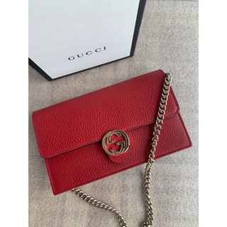 (ผ่อน0%) New gucci wallet on chain กระเป๋าสะพายข้าง หนังแท้ สีแดง