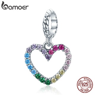 Bamoer 100% Sterling Silver 925 Pendant Rainbow Zircon Heart Shape Fit Bracelet DIY Fashion Accessories SCC1851