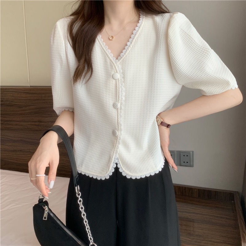 เสื้อเชิ้ตแขนสั้นลําลอง-คอวี-เข้ารูป-สไตล์ฝรั่งเศส-สุดชิค-สําหรับผู้หญิง