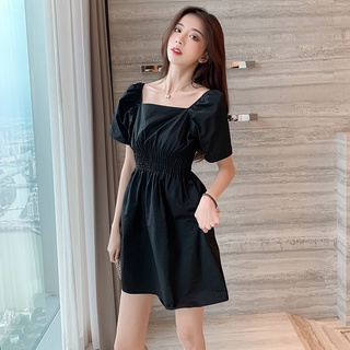 #ขายส่ง#เดรสสั้นแขนพัฟหญิงฤดูร้อนใหม่สไตล์สแควร์คอรอบเอวเอวบางรักแรกกระโปรงทรงเอ