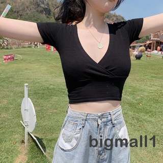 Bigmall- เสื้อครอปท็อป คอวี แขนสั้น สีพื้น เข้ารูป ลําลอง สําหรับผู้หญิง