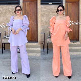 TW14454 Set 2 ชิ้น เสื้อเกาะอก สม็อกยืดหลัง แขนสม็อกแต่งผูกโบว์ + กางเกงขายาว เอวสม็อก มีกระเป๋าข้าง เนื้อผ้าฝ้ายคอตตอล