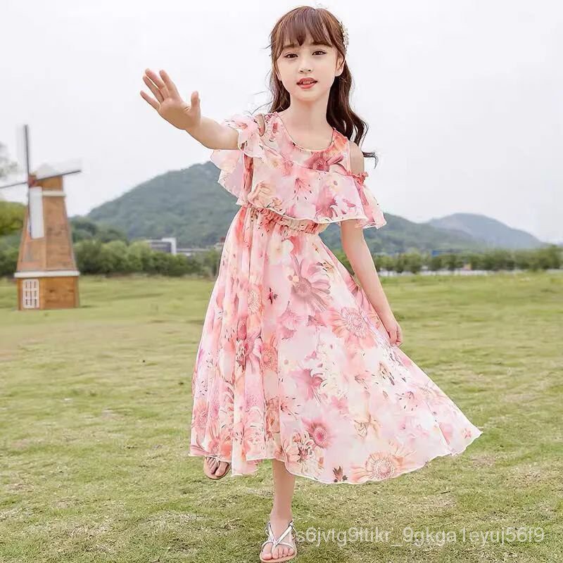 ฤดูร้อน-2021-ใหม่-ชุดเดรสชีฟองเด็กผู้หญิง-ชุดเดรสแฟชั่นเกาหลี-สาวชุดเจ้าหญิงลายดอกไม้-เดรสคอกลมแขนสั้น