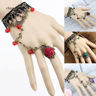 chu retro gothic เครื่องประดับสร้อยข้อมือแหวนโซ่ดอกไม้ลูกไม้