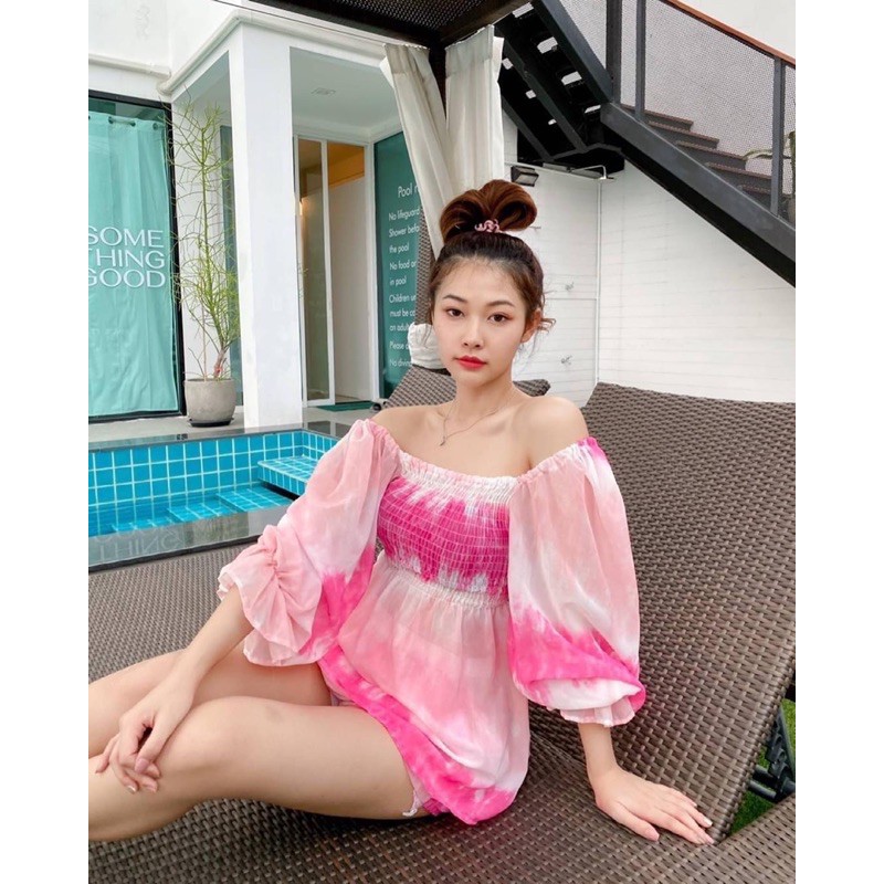 ชุดเซ็ทเสื้อสม๊อคพร้อมกางเกงลายมัดย้อม