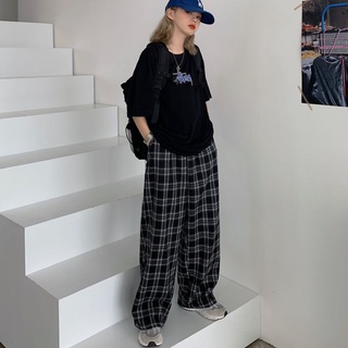 ​🍒UNIONE🍒ฤดูร้อนเกาหลีรุ่นปี 2022 ใหม่หลวมเอวสูงกางเกงขากว้างกางเกงขายาวลายสก๊อตสีแดงนักเรียนหญิง