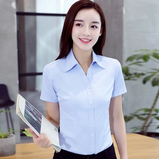 เสื้อเชิ้ตแขนสั้นผู้หญิงเสื้อคอวีทรงสลิมฟิตเสื้อเชิ้ตสีขาว