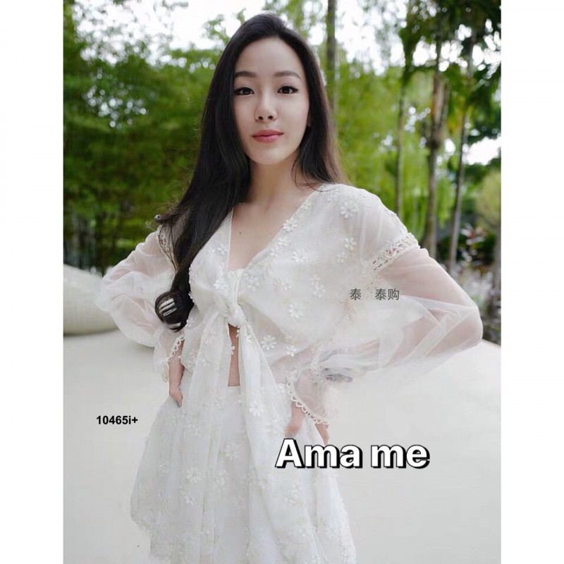 จั้มสูทแขนยาวซีทรูฉลุลูกไม้แต่งโบว์ผูกอก-tw10465