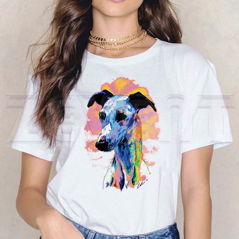 greyhound-เสื้อยืดลําลองสําหรับสตรีแขนสั้นพิมพ์ลายการ์ตูนสุนัขสีขาว