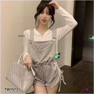 TW15731 เอี๊ยมกางเกงขาสั้น ดีเทลรูดขาด้านข้าง2ข้างปรับตามระดับความสั้นยาว ด้านหลังไขว้ ใส่กับเสื้อแขนสั้น แขนยาว